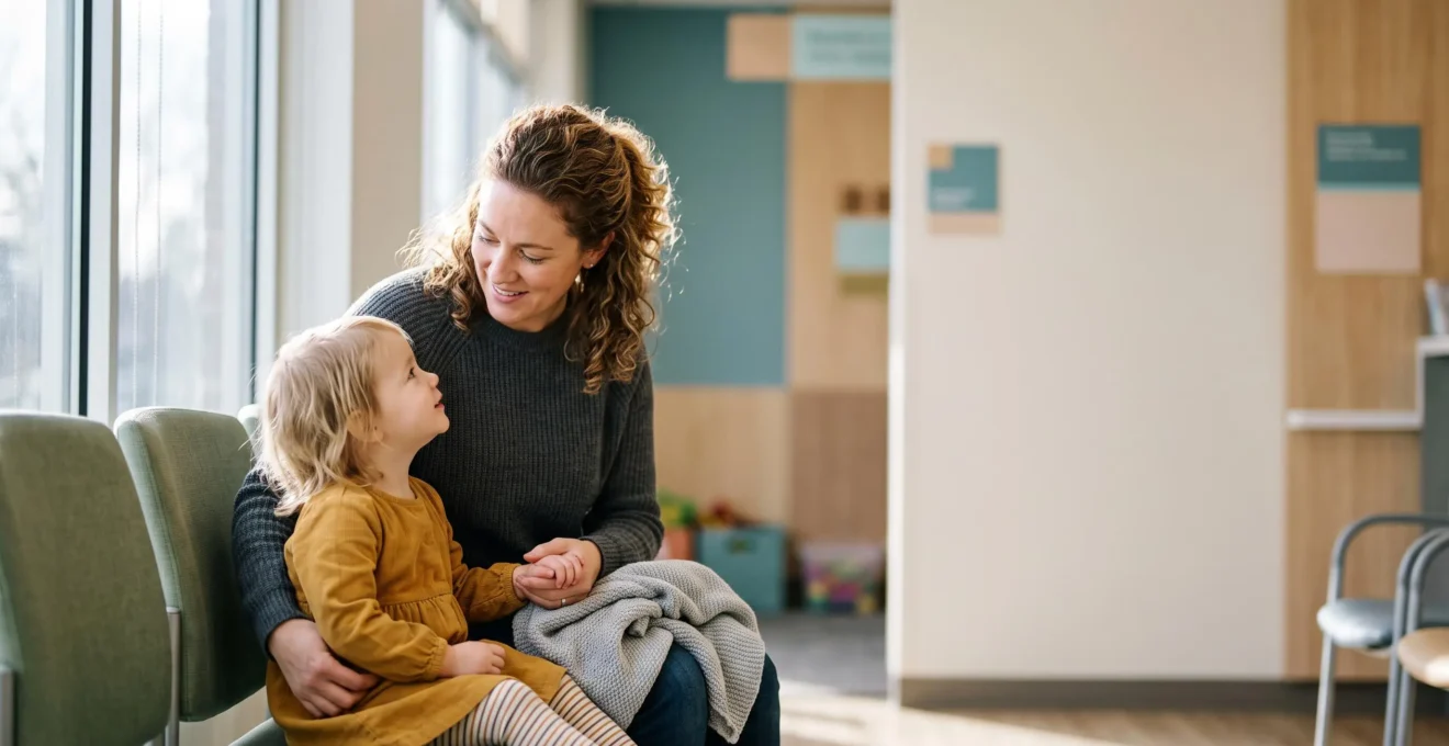 Parent tenant la main de son enfant dans une salle d'attente lumineuse et rassurante d'un cabinet médical