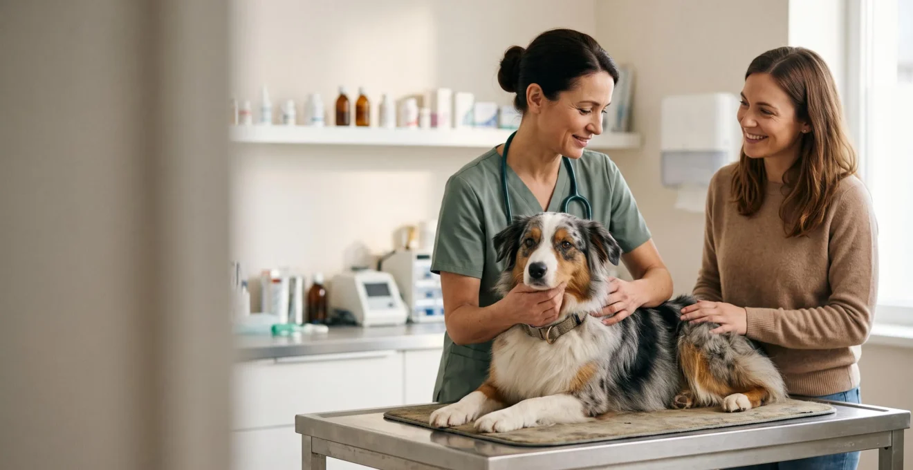 Vétérinaire examinant un chien avec calme dans une clinique lumineuse, symbolisant la sérénité apportée par une assurance animaux adaptée