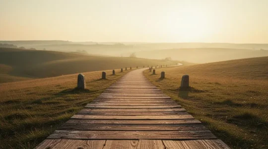 Un chemin lumineux traversant un paysage naturel, symbolisant la progression patrimoniale sur vingt ans