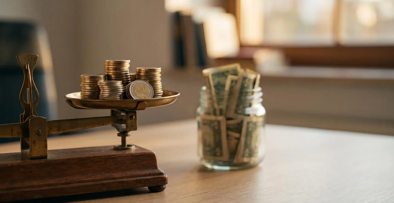 Deux mains superposant des pièces de monnaie sur une balance en bois, symbolisant l'équilibre entre épargne bloquée et économie d'impôt immédiate