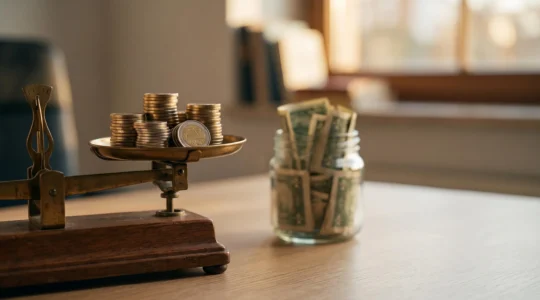 Deux mains superposant des pièces de monnaie sur une balance en bois, symbolisant l'équilibre entre épargne bloquée et économie d'impôt immédiate