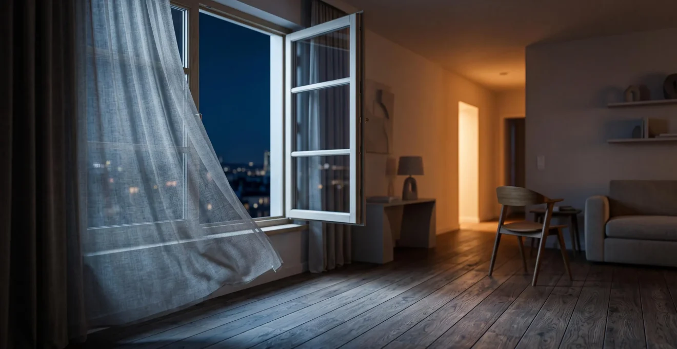 Fenêtre entrouverte la nuit dans une chambre, symbole de la clause méconnue qui peut priver un assuré d'indemnisation après un cambriolage