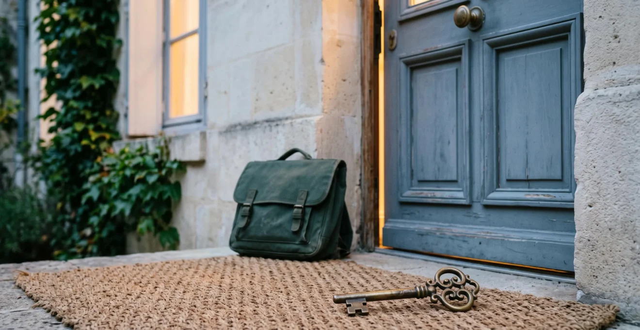 Une clé posée sur un tapis d'entrée devant une porte de maison familiale, symbolisant une protection cachée et accessible