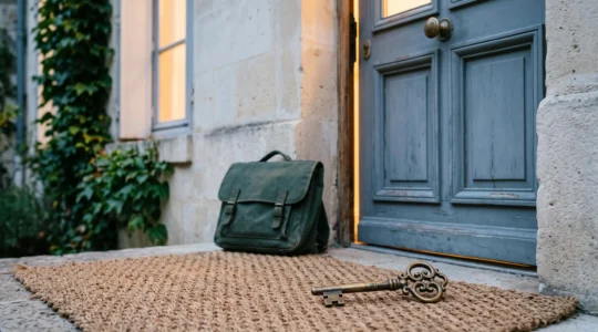Une clé posée sur un tapis d'entrée devant une porte de maison familiale, symbolisant une protection cachée et accessible