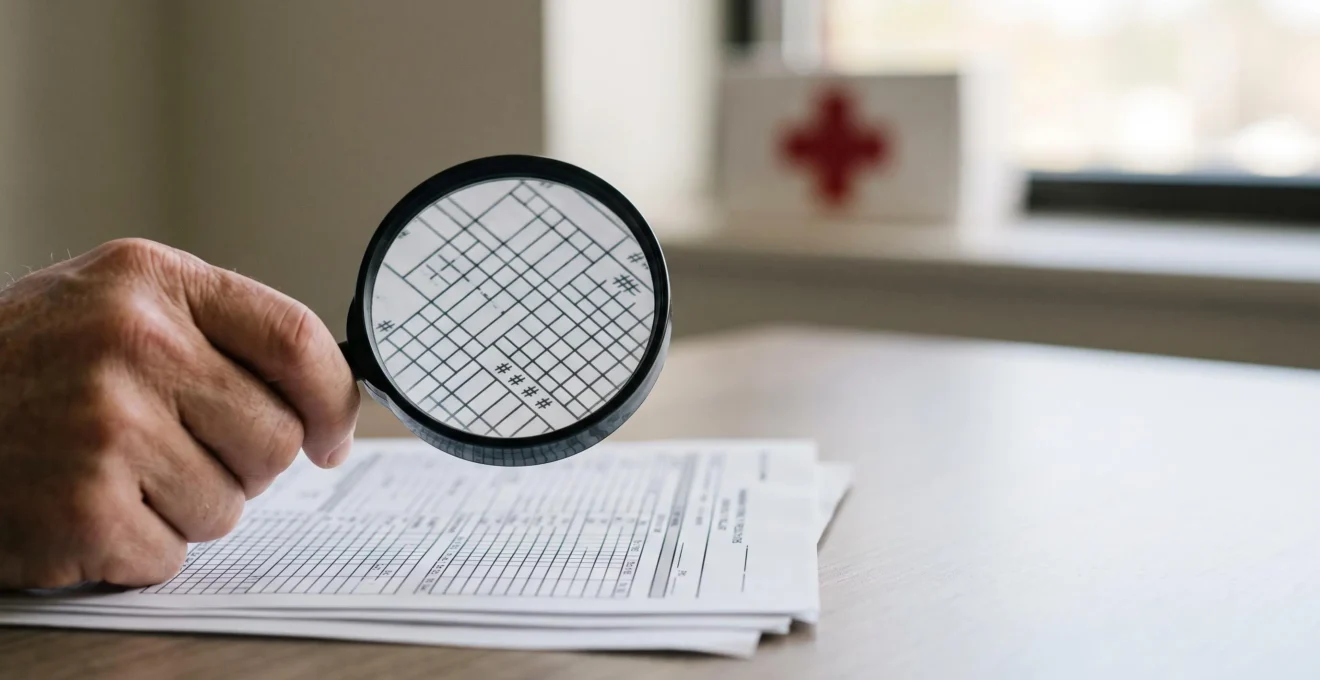 Main tenant une loupe au-dessus d'un document abstrait à motifs de grille symbolisant la lecture d'un tableau de garanties santé