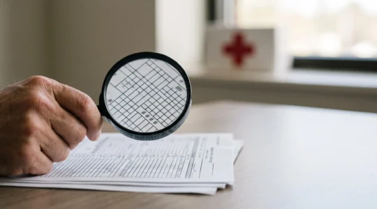 Main tenant une loupe au-dessus d'un document abstrait à motifs de grille symbolisant la lecture d'un tableau de garanties santé
