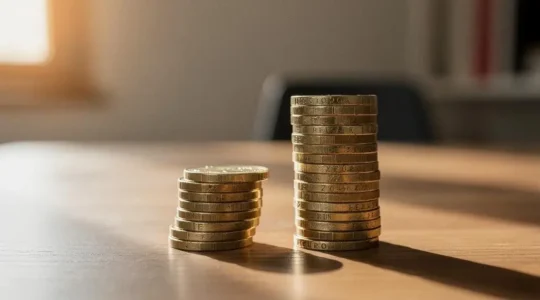 Deux piles de pièces de monnaie de tailles différentes symbolisant l'écart entre une indemnité journalière de base et une indemnité complétée par une prévoyance