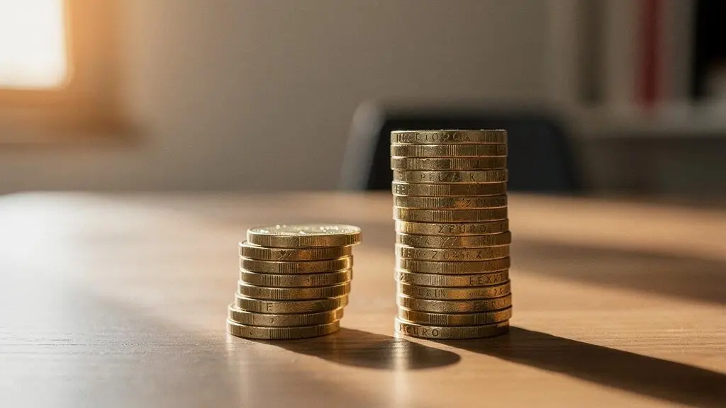 Deux piles de pièces de monnaie de tailles différentes symbolisant l'écart entre une indemnité journalière de base et une indemnité complétée par une prévoyance