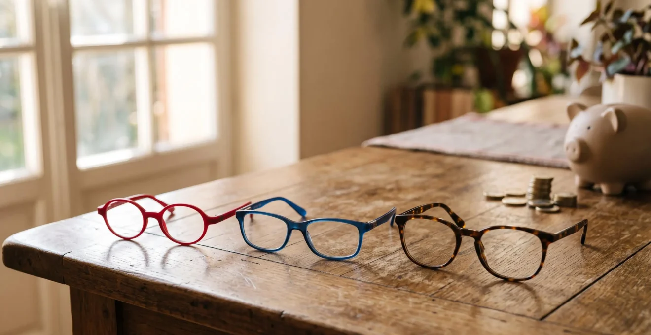 Trois paires de lunettes d'enfants disposées avec soin sur une table en bois, symbolisant l'équilibre budgétaire familial en optique.