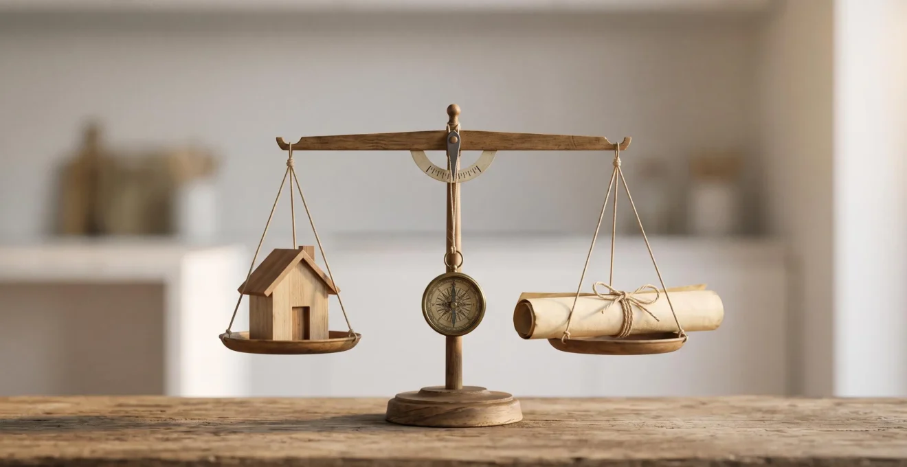 Trois objets symboliques representant une maison, un accomplissement scolaire et un voyage autour du monde en parfait equilibre sur une balance