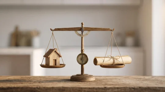 Trois objets symboliques representant une maison, un accomplissement scolaire et un voyage autour du monde en parfait equilibre sur une balance