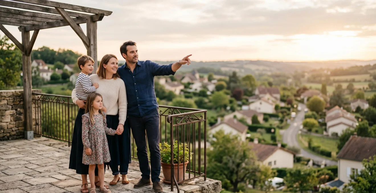 Famille regardant vers l'avenir, symbole de la construction progressive d'un patrimoine familial sur 15 ans
