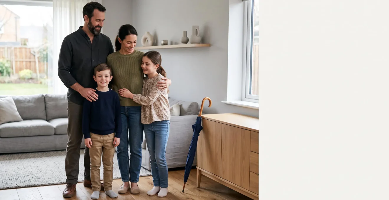 Famille de quatre personnes réunie chaleureusement dans un salon lumineux, symbolisant la protection assurantielle du foyer