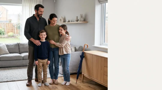 Famille de quatre personnes réunie chaleureusement dans un salon lumineux, symbolisant la protection assurantielle du foyer