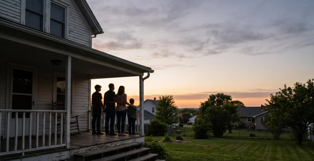 Famille en silhouette au crepuscule devant leur maison, symbole de protection et de serenite face aux risques de la vie