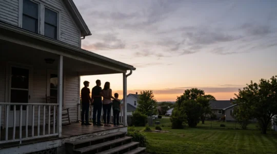 Famille en silhouette au crepuscule devant leur maison, symbole de protection et de serenite face aux risques de la vie