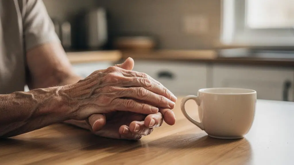 Mains d'un adulte et d'une personne âgée jointes autour d'une tasse, symbolisant le soutien financier familial intergénérationnel