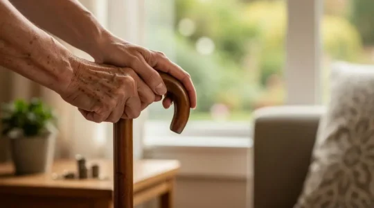 Main d'une personne âgée posée sur une canne en bois, soutenue par la main d'un proche, dans un intérieur lumineux évoquant la sérénité financière face à la dépendance