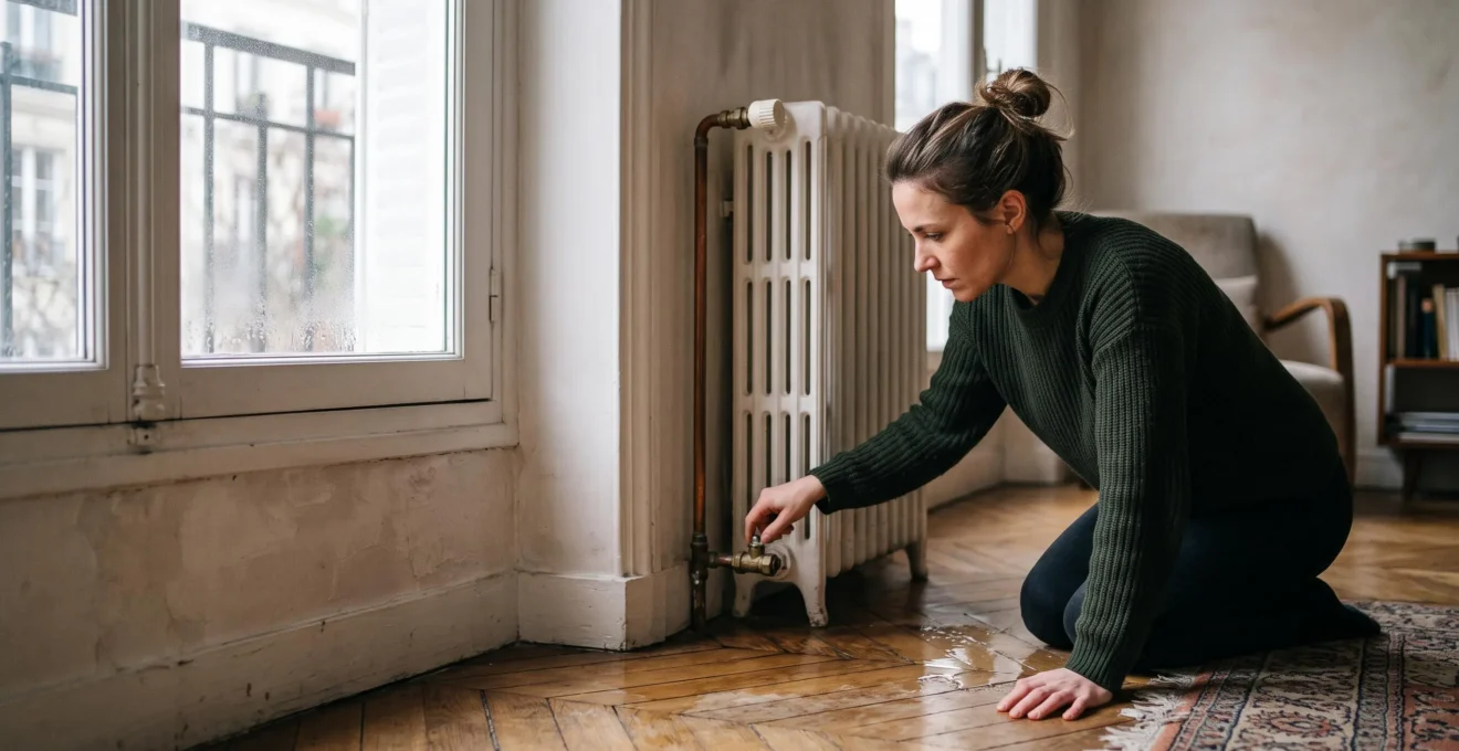 Personne découvrant une fuite d'eau dans son logement et réagissant rapidement pour limiter les dégâts