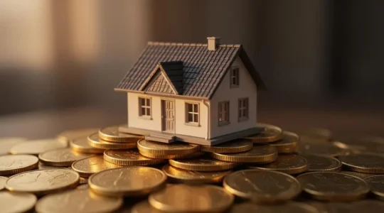 Petite maison miniature posée sur une pile de pièces dorées, symbolisant un revenu locatif complémentaire pour la retraite
