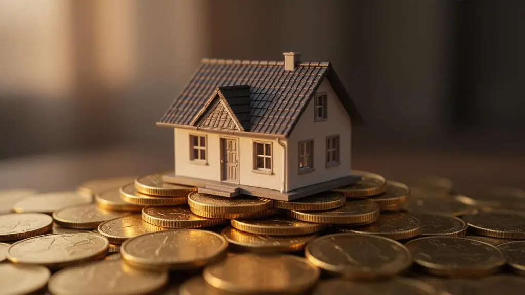 Petite maison miniature posée sur une pile de pièces dorées, symbolisant un revenu locatif complémentaire pour la retraite