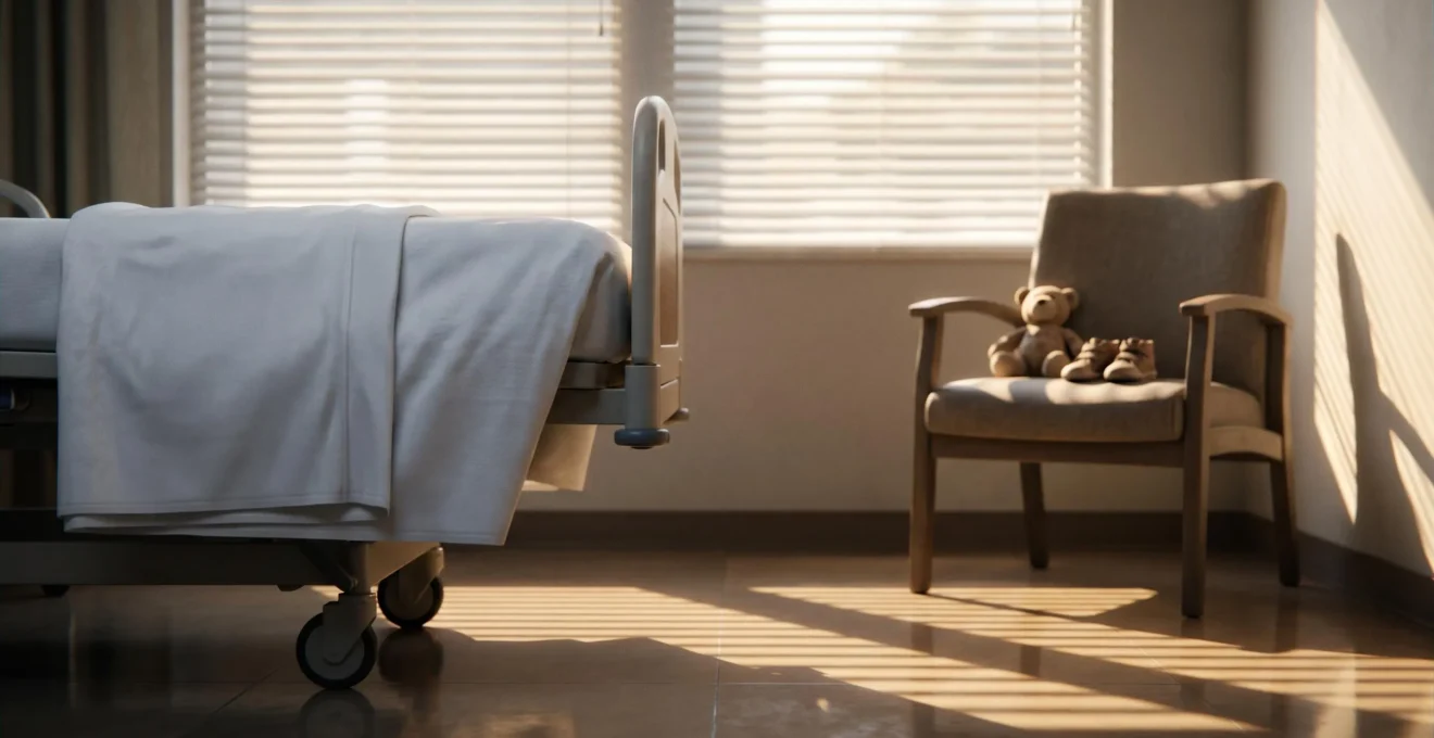 Chambre d'hopital avec une chaise vide et des affaires d'enfant, symbolisant l'urgence de trouver une garde en quelques heures