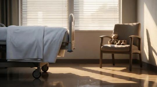 Chambre d'hopital avec une chaise vide et des affaires d'enfant, symbolisant l'urgence de trouver une garde en quelques heures