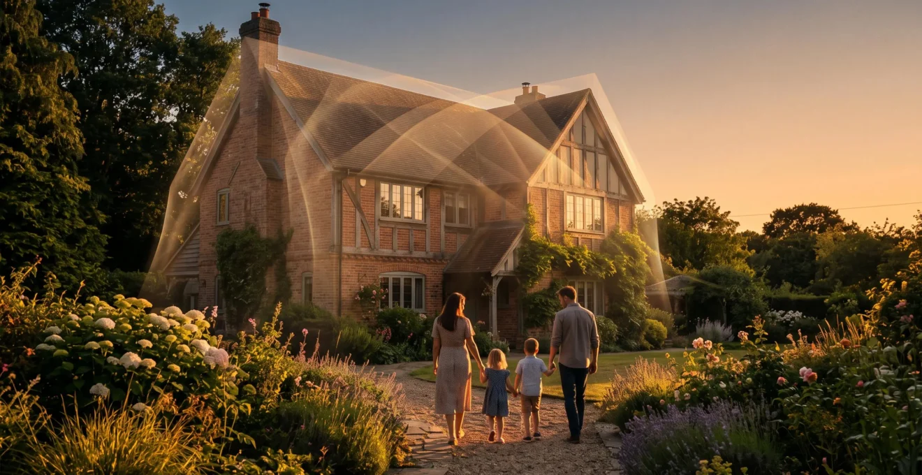 Maison familiale enveloppée d'une lumière protectrice symbolisant une assurance habitation complète à 360 degrés