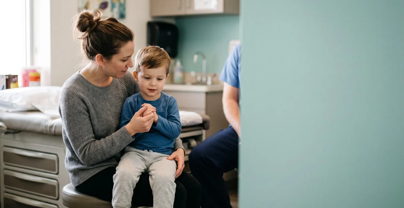 Parent et enfant lors d'une consultation médicale spécialisée, symbole de protection financière et de soin