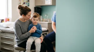 Parent et enfant lors d'une consultation médicale spécialisée, symbole de protection financière et de soin