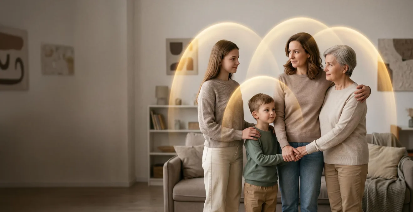 Photographie éditoriale symbolisant la protection personnalisée de chaque membre d'une famille selon son âge et ses besoins