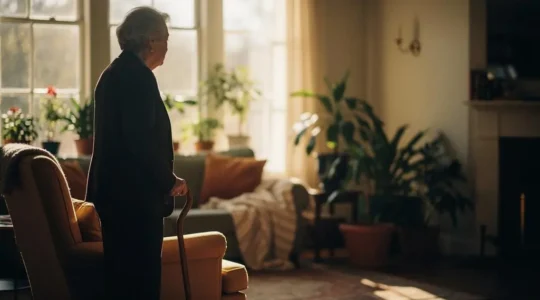 Personne âgée sereine chez elle près d'une fenêtre lumineuse, symbole de l'autonomie préservée à domicile après 75 ans
