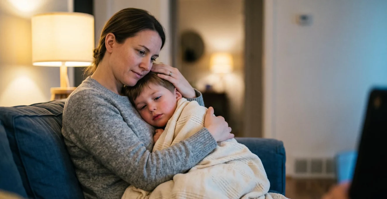 Parent tenant tendrement son enfant fiévreux à la maison, dans une lumière douce, symbole du soin rapide et rassurant à distance