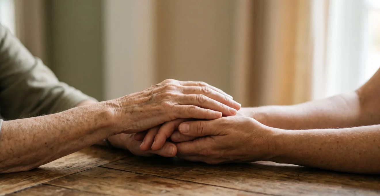 Mains d'un parent âgé posées avec douceur sur les mains jointes de son enfant adulte, symbolisant la transmission d'un patrimoine familial