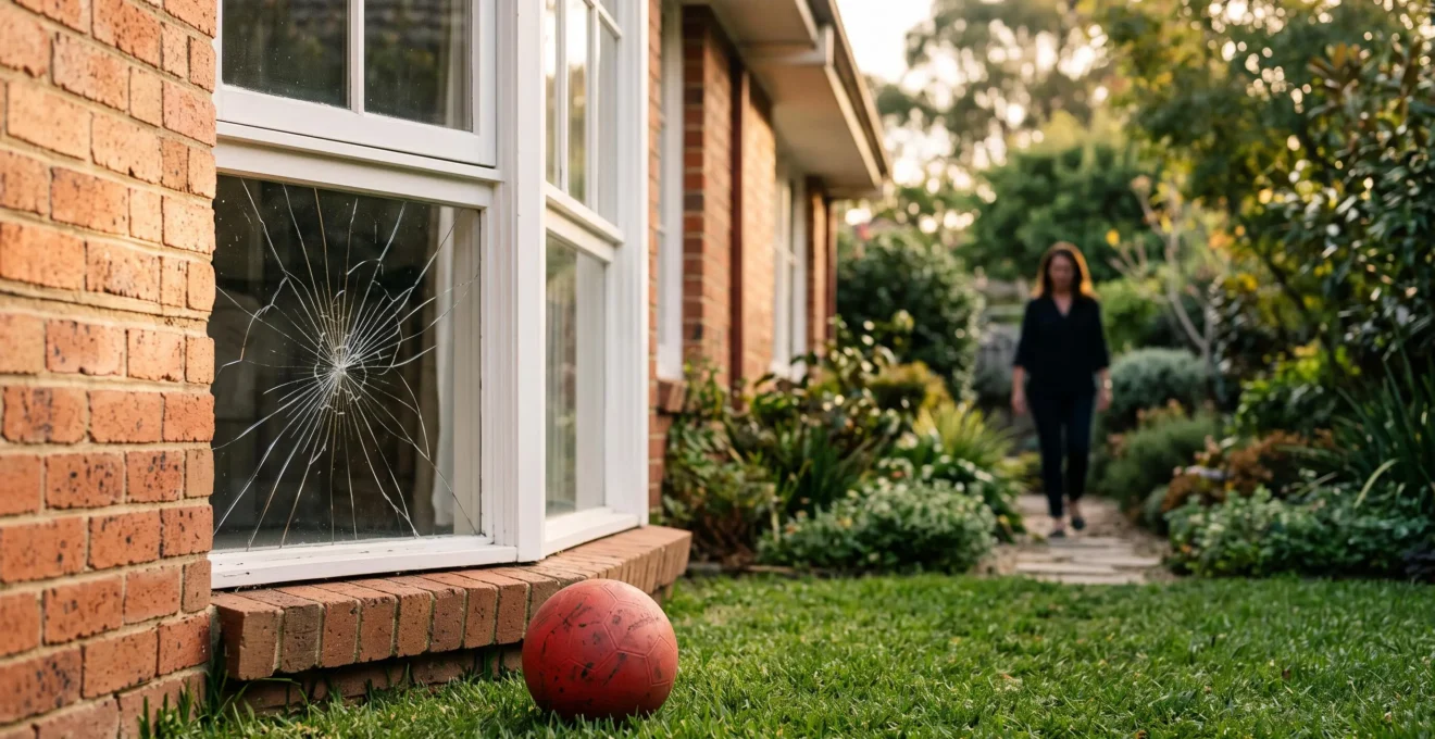 Fenêtre fissurée d'une maison de quartier résidentiel avec ballon d'enfant au sol, symbole de la protection familiale par l'assurance responsabilité civile