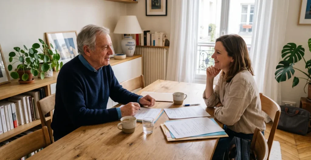 Homme senior discutant de la protection future avec sa fille adulte à domicile dans une conversation calme. Homme senior discutant de la protection future avec sa fille adulte à domicile dans une conversation calme.
