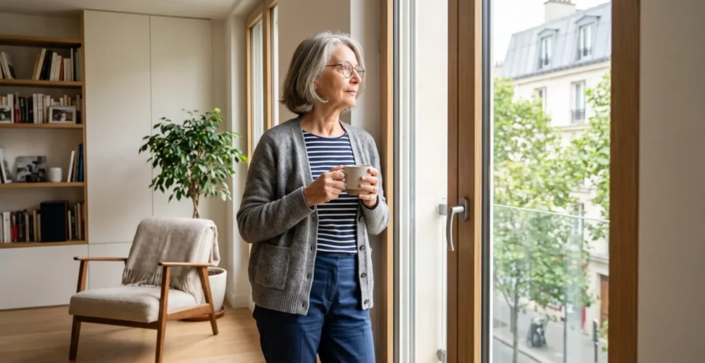 Femme senior autonome debout près d'une fenêtre dans un intérieur lumineux, en moment de réflexion paisible. Femme senior autonome debout près d'une fenêtre dans un intérieur lumineux, en moment de réflexion paisible.