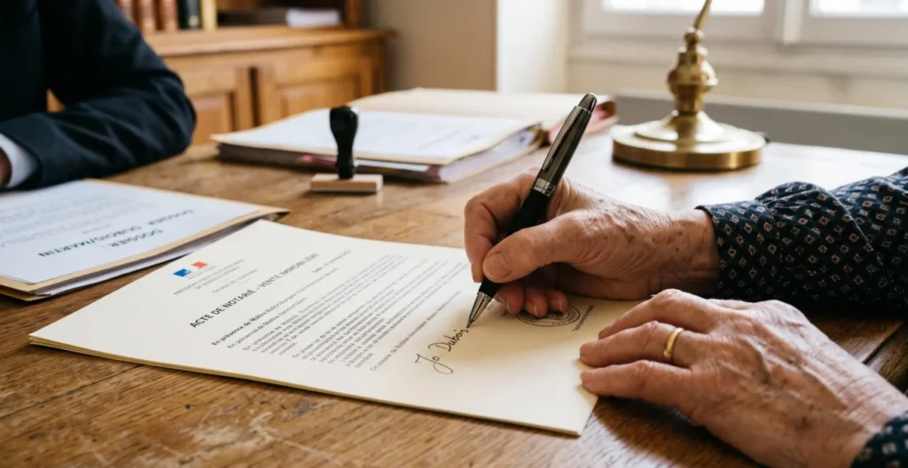 Gros plan de la main d'une personne senior signant un document juridique officiel sur le bureau d'un notaire. Gros plan de la main d'une personne senior signant un document juridique officiel sur le bureau d'un notaire.